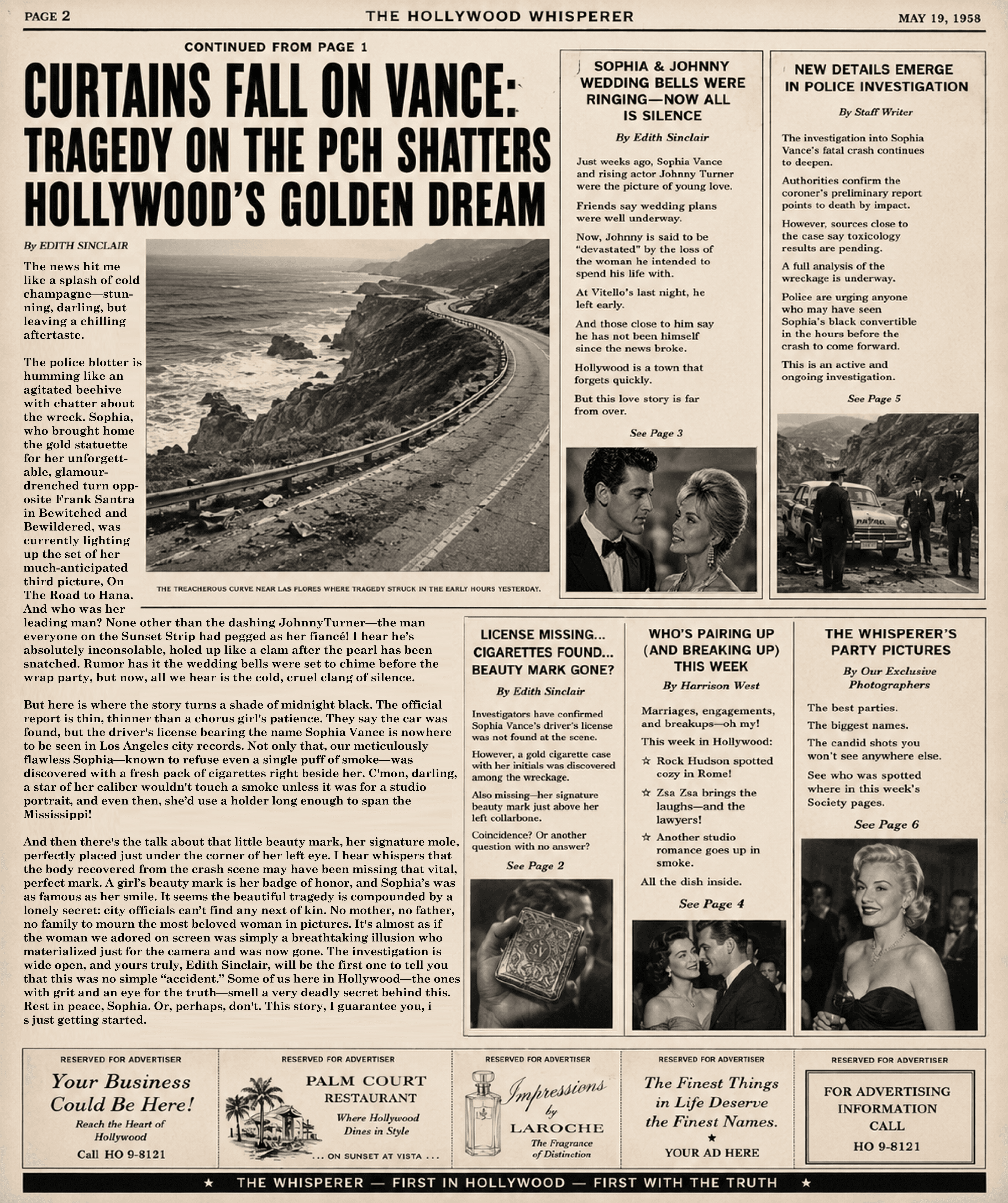 Page two of The Hollywood Whisperer special edition covering the death of Sophia Vance.