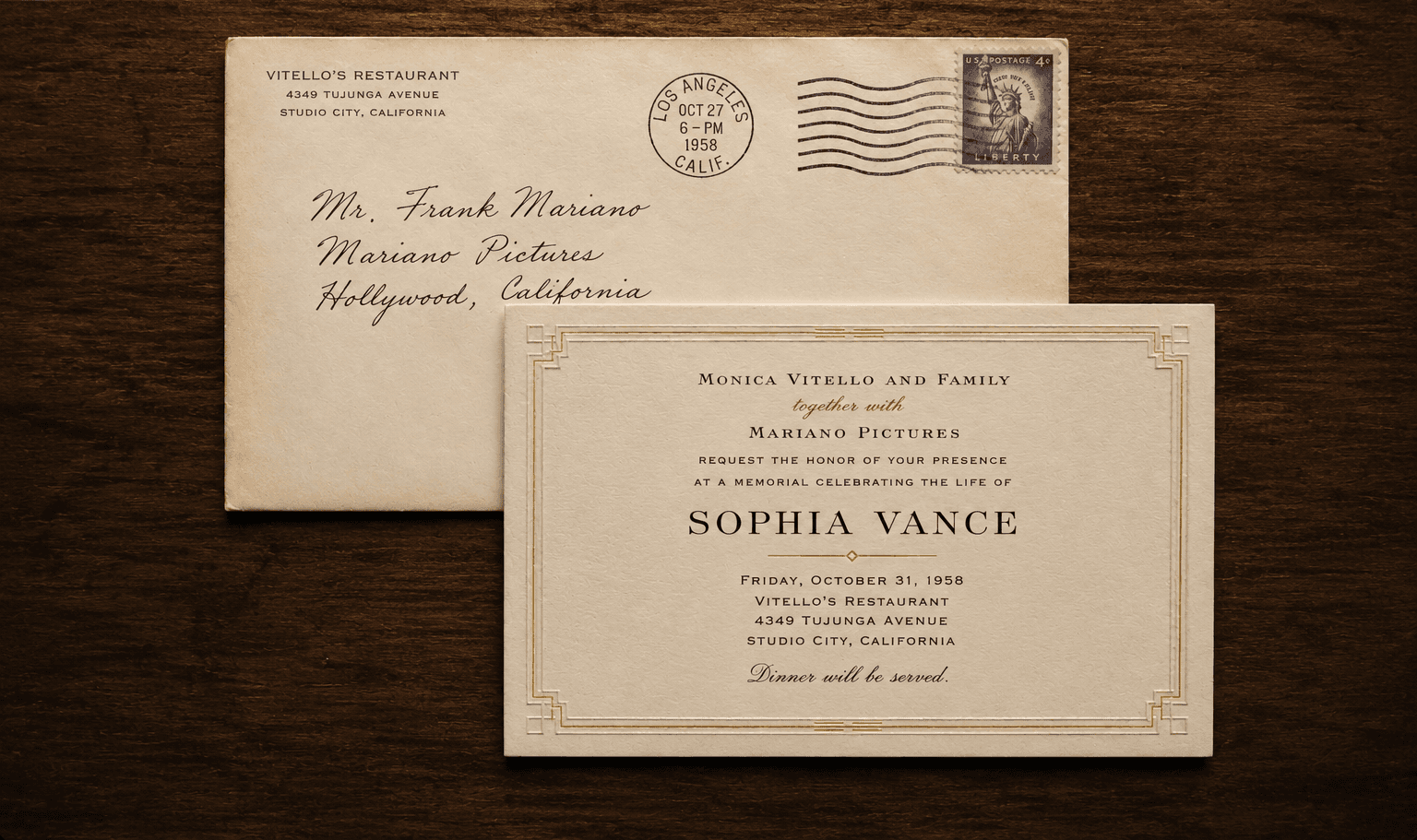 A 1958 memorial invitation for Sophia Vance resting over its addressed envelope on a dark wooden table.