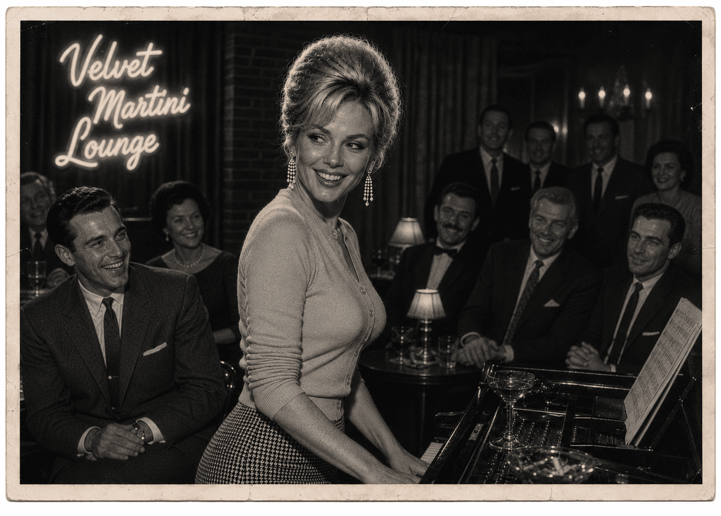 Sophia Vance smiling at the piano in the Velvet Martini Lounge.