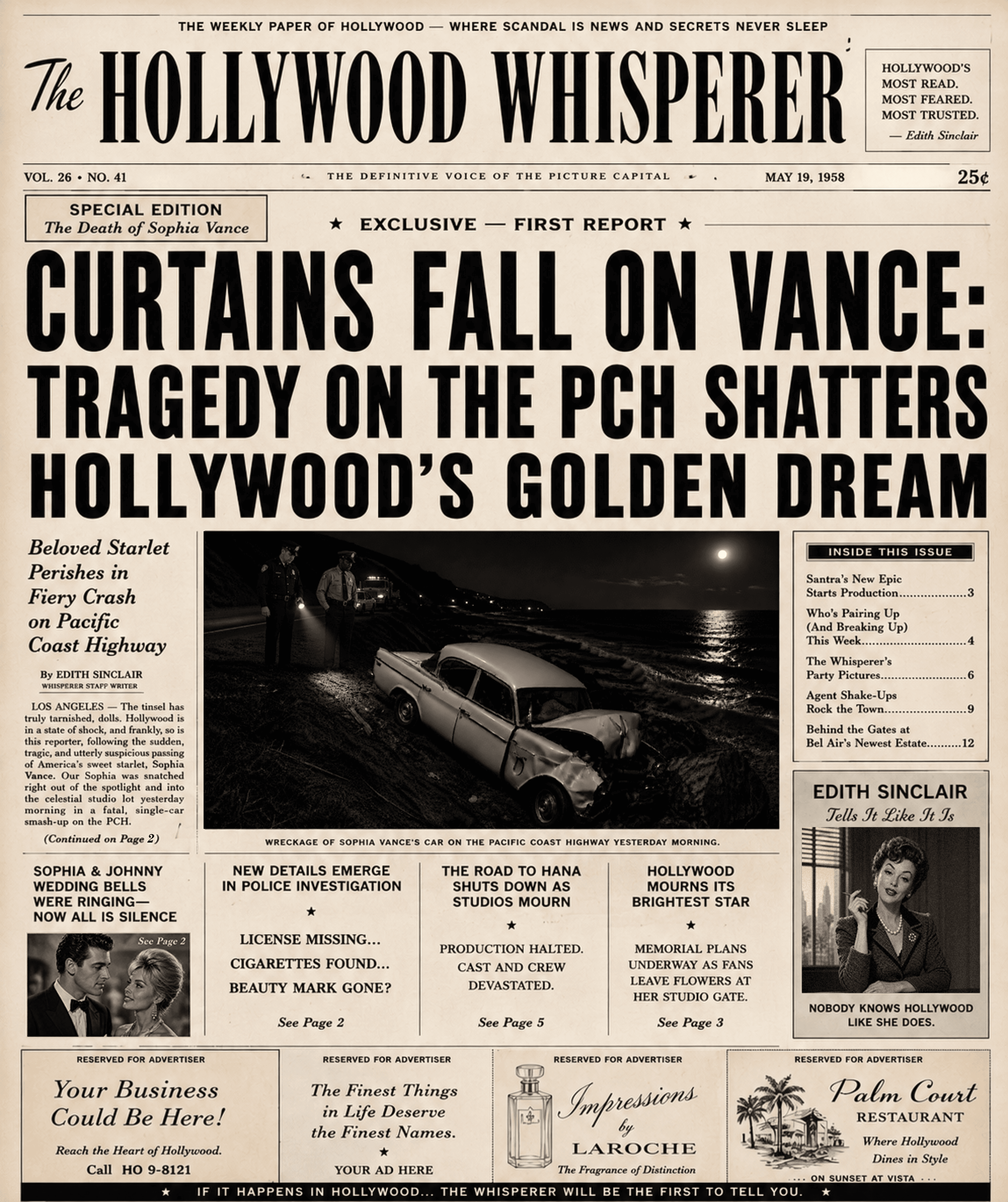 Front page of The Hollywood Whisperer reporting on Sophia Vance's death.